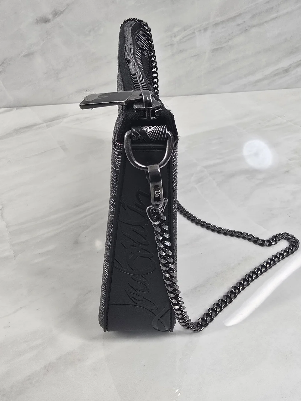 Christian Louboutin Black Embossed Leather Chain Shoulder Bag - Picture 11 of 14